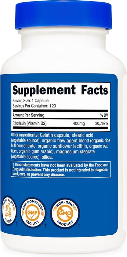 Nutricost Vitamin B2 (Riboflavin) 400mg, 120 Capsules, Gluten Free