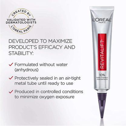 L'Oreal Paris Revitalift 10% Pure Vitamin C Face Serum for Brighter Skin & Reduced Wrinkles, Fragrance Free, 1 0z.