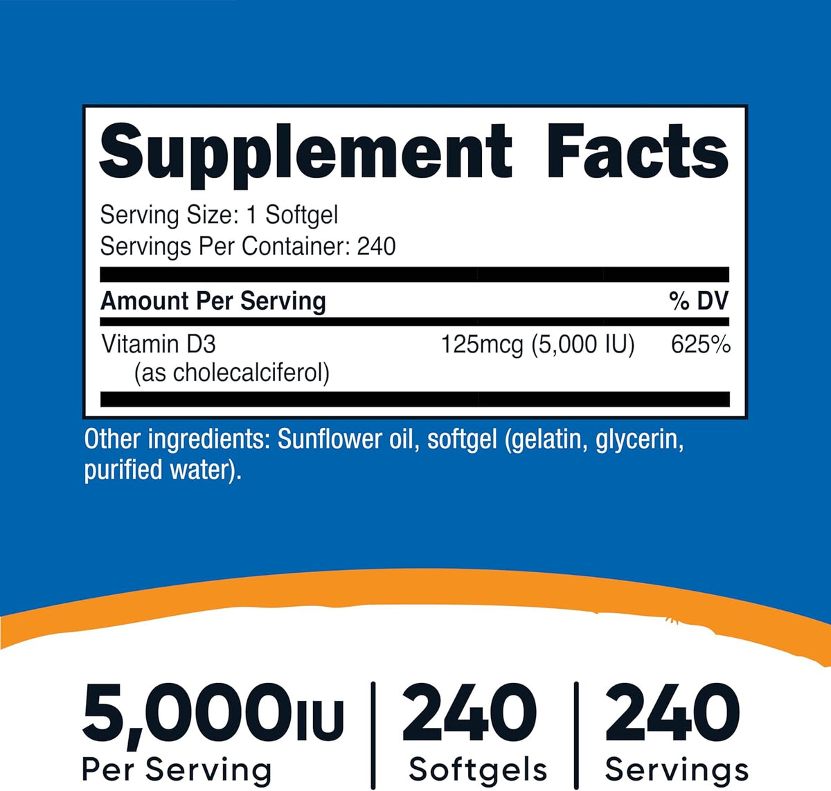 Nutricost Vitamin D3 5,000 IU (125mcg), 240 Softgels, GMO-Free
