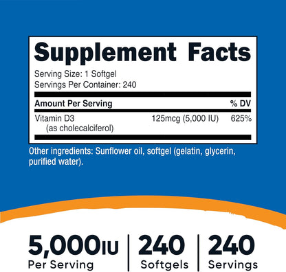 Nutricost Vitamin D3 5,000 IU (125mcg), 240 Softgels, GMO-Free