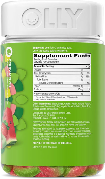 OLLY Fiber Gummy Rings Digestive Health Supplement, Berry Melon - 100 Count