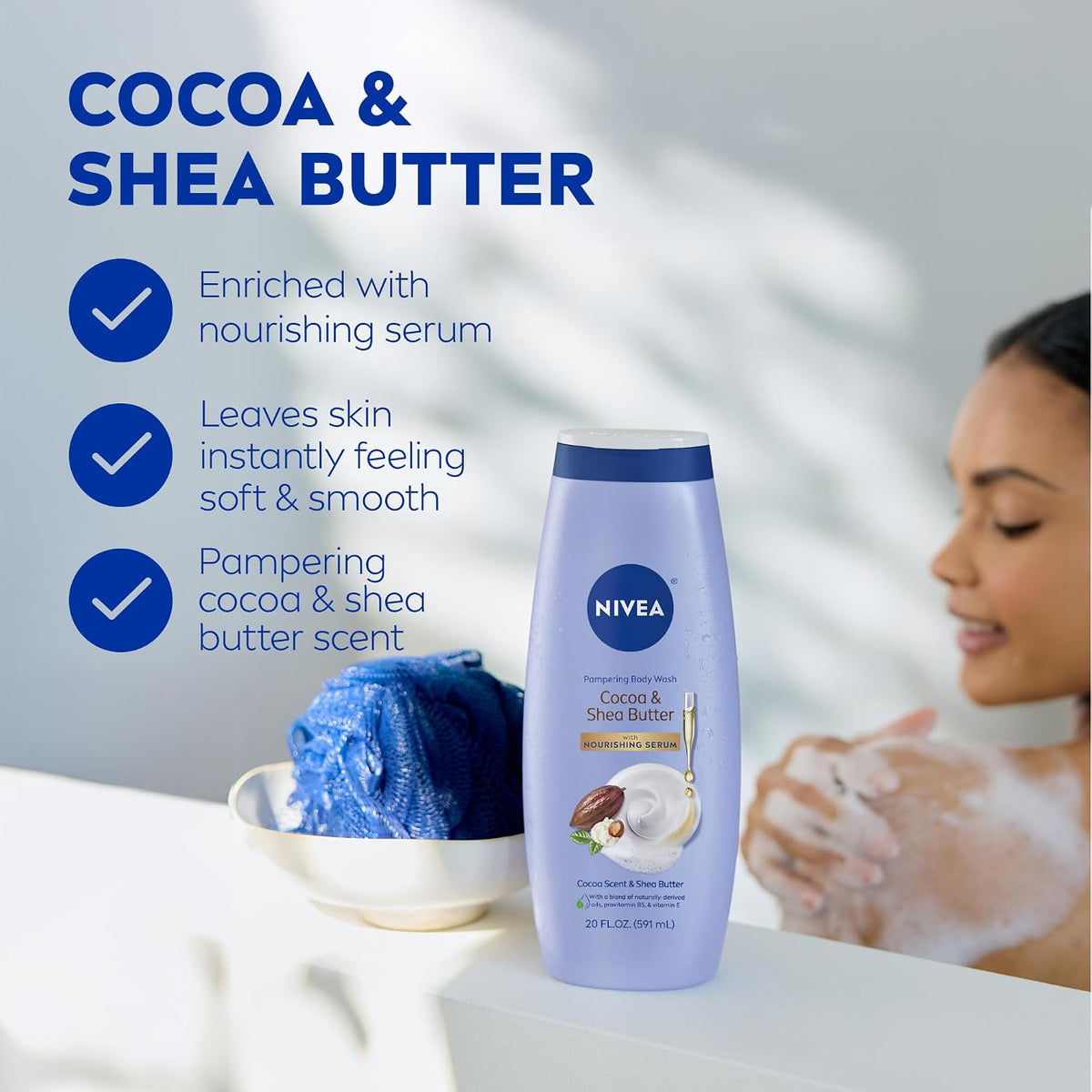 NIVEA Pampering Cocoa and Shea Butter Body Wash with Nourishing Serum, Moisturizing Body Wash for Women, Enriched with Provitamin B5 and Vitamin E, 20 Fl Oz Bottle (Pack of 12)