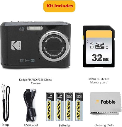 KODAK PIXPRO FZ45 16MP Digital Camera with 4X Optical Zoom 27mm Wide Angle and 2.7" LCD Screen Bundle with 32GB SD Memory Card, AA Batteries (4 Pack), Lens Cleaning Cloth (Black)