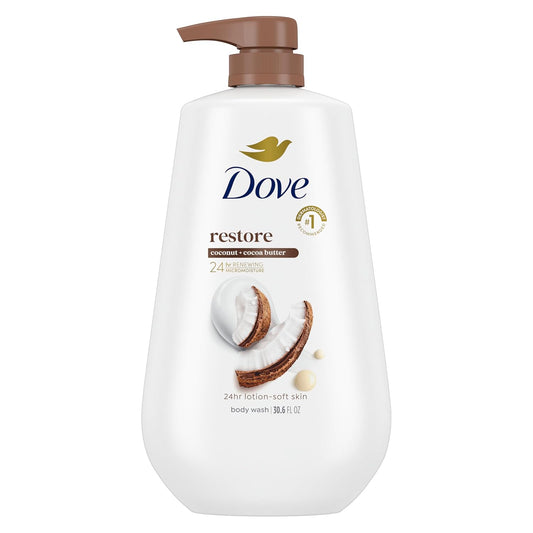 Dove 24hr Lotion Body Wash Restore Coconut & Cocoa Butter, 30.6 oz | Moisturizing body wash with MicroMoisture for 24-hour hydration and soft skin