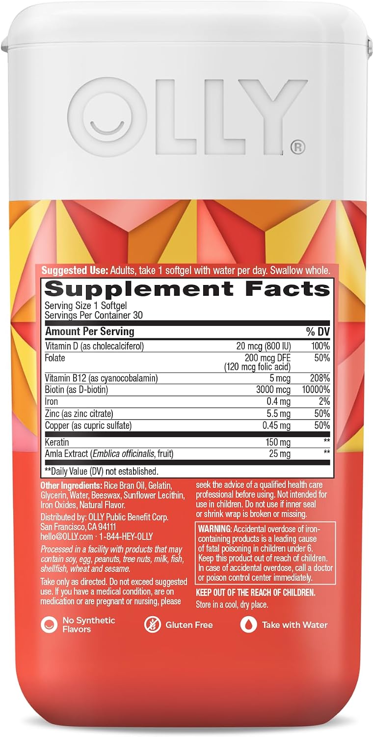 OLLY Ultra Strength Hair Softgels, Biotin, Keratin, Vitamin D, B12 - 30 Ct