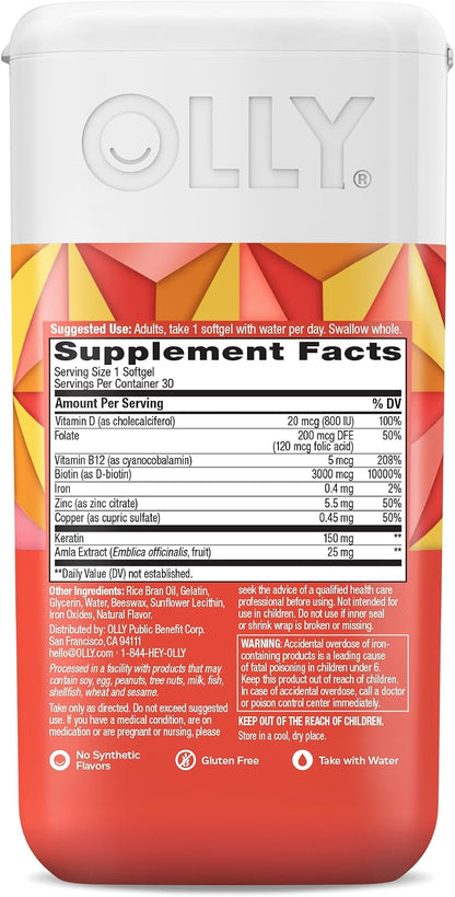 OLLY Ultra Strength Hair Softgels, Biotin, Keratin, Vitamin D, B12 - 30 Ct