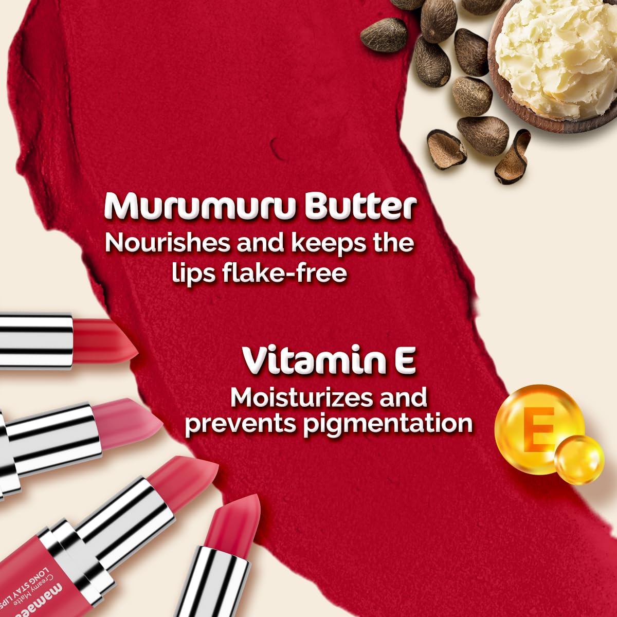 MAMAEARTH Creamy Matte Lipstick with Murumuru Butter & Vitamin E, 4.2g | Creamy matte lipstick formulated with Murumuru Butter and Vitamin E.