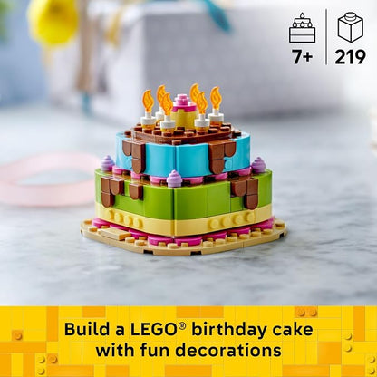 LEGO Birthday Party Cake - Building Toy for Boys & Girls, Ages 7+ - Birthday Decoration with 10 Candle Accessories - Craft for Kids - 40815