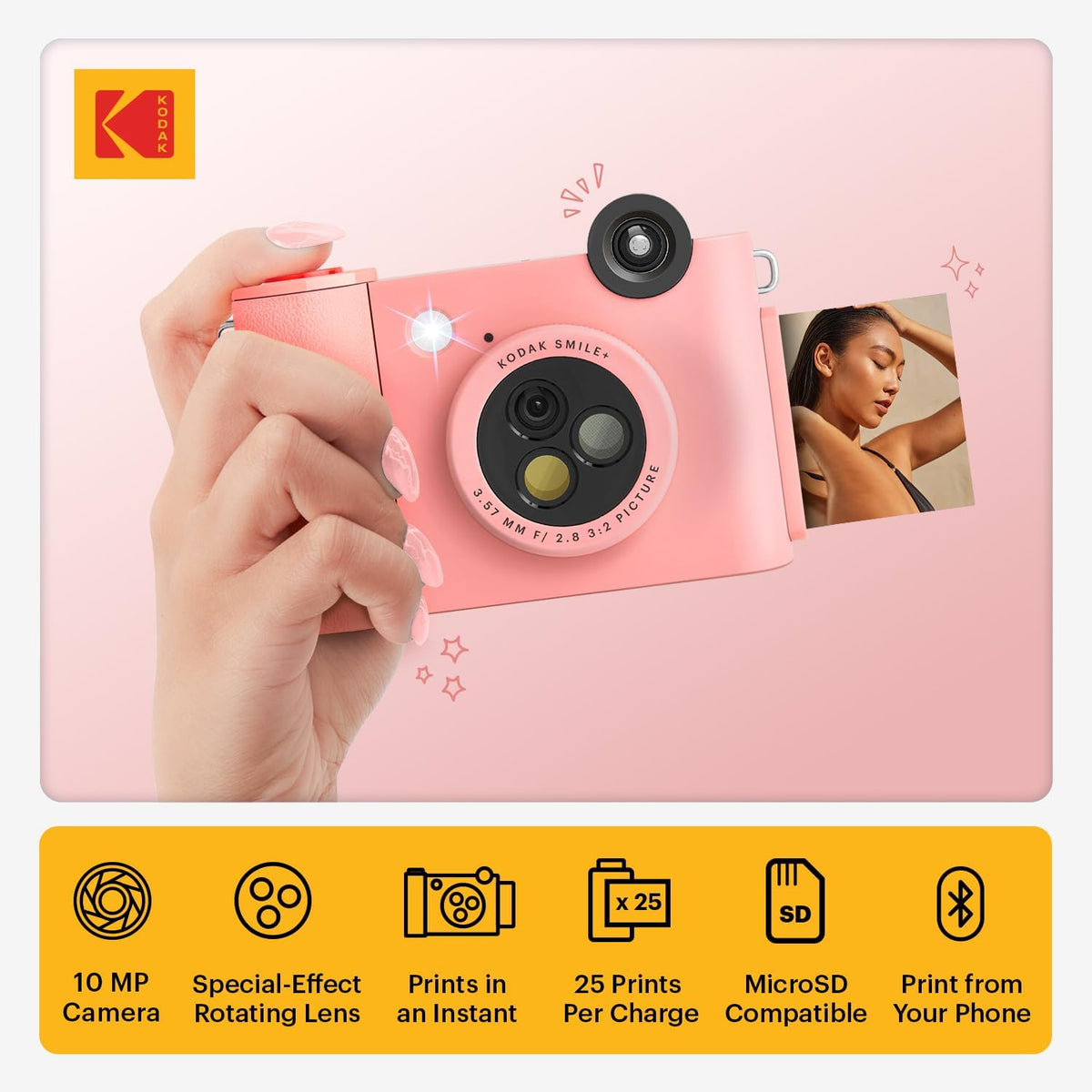 Kodak Smile+ 2-in-1 Digital Instant Print Camera & Wireless Bluetooth Printer - 10MP, Special-Effect Rotating Lens, Zink 2x3 Sticky-Back Photos Print via Fun App from Smart Devices - Pink