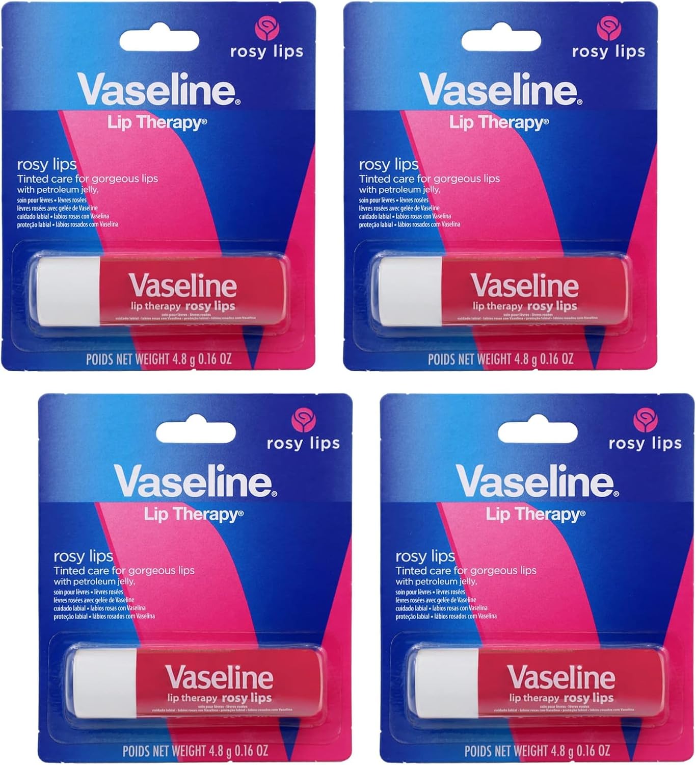 Vaseline Lip Therapy Care Rosy, Fast-Acting Nourishment, Ideal for Chapped, Dry, Cracked, or Damaged Lips, Lip Balm, 4-Pack, 0.16 Oz Each (Pack of 24)