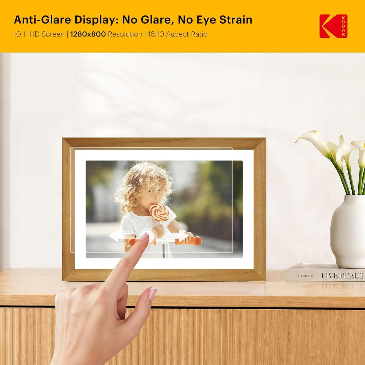 KODAK 10.1" WiFi Digital Picture Frame, Rechargeable Battery, Solid Wood