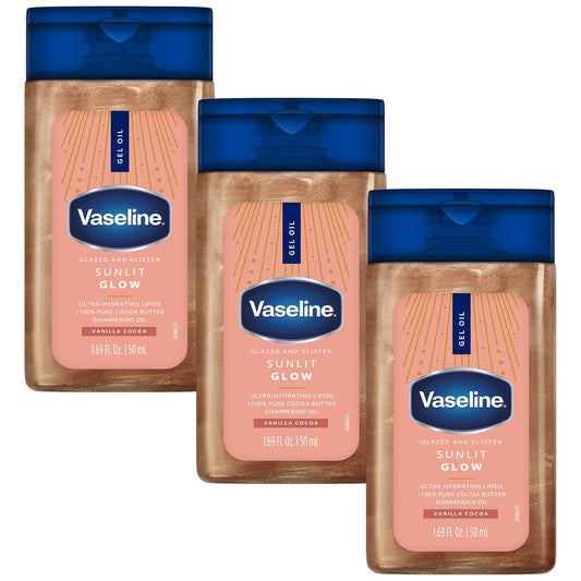 Vaseline Glazed and Glisten Sunlit Glow Body Gel Oil, Ultra-Hydrating Lipids with 100% Pure Cocoa Butter and Shimmering Oil, Vanilla Cocoa Scent, 1.69 Fl Oz, 3 Pack