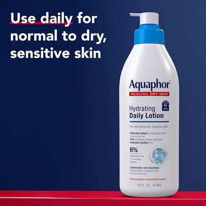 Aquaphor Daily Hydrating Face and Body Lotion, Hyaluronic Acid, 16 Fl Oz (Pack of 12)