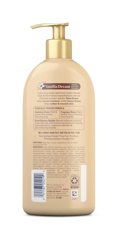 Gold Bond Softening Cashmere Cream Body Lotion, Vanilla Dream Scent, 24-Hour Hydration with Shea Butter and Cocoa Butter, 14 oz.