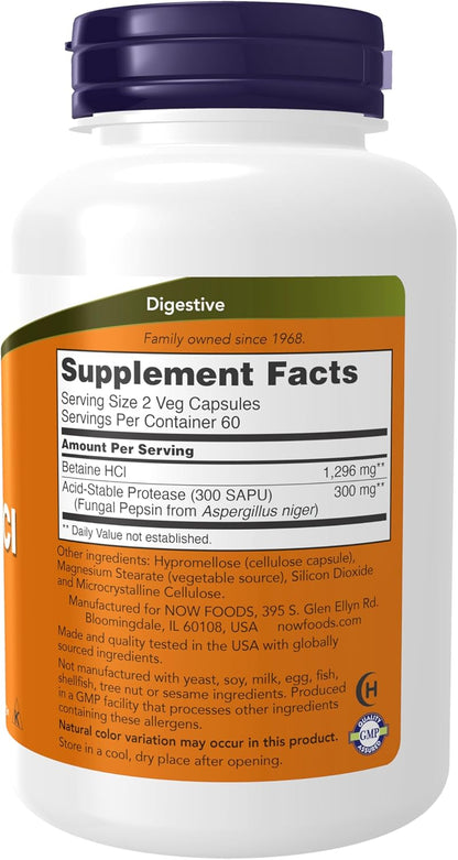 NOW Foods Supplements, Betaine HCl 648 mg, Vegetarian Formula, Digestive Support*, 120 Veg Capsules