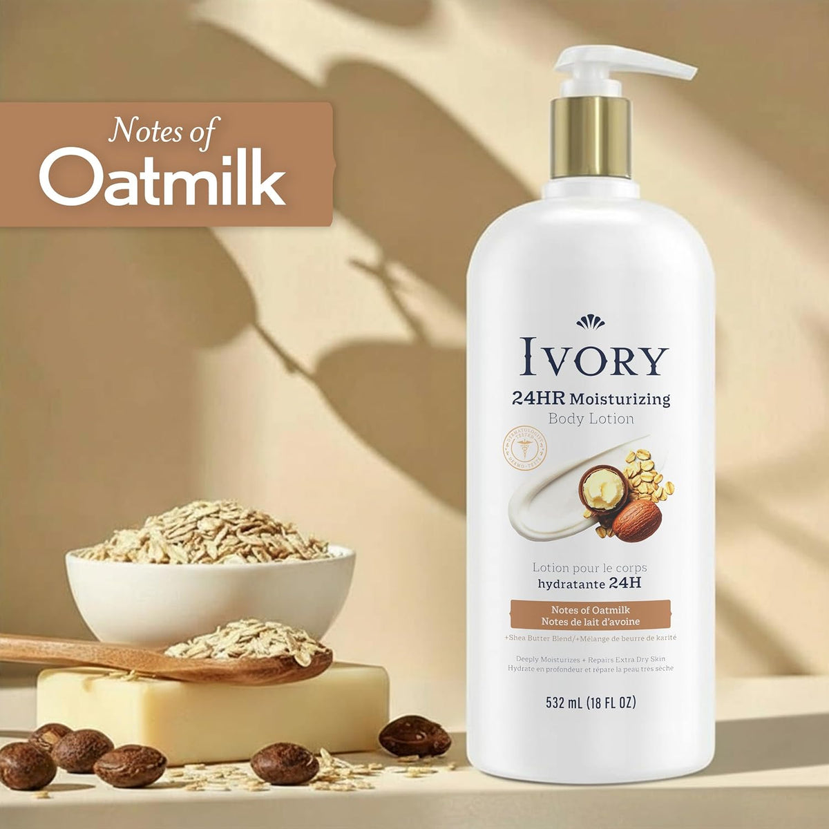 Ivory Hand & Body Lotion, 24hr Moisturizing, Repairs Extra Dry Skin, All Day Hydration, Lightweight Formula, Absorbs Instantly, Perfect for Daily Use, Shea Butter Blend, Oatmilk Scent, 18 fl oz