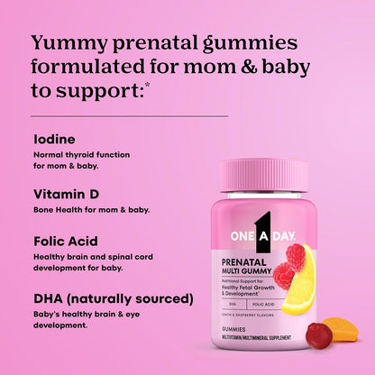One A Day Prenatal Vitamins for Women Gummies- Pregnancy Vitamins for Women with Folic Acid, DHA, Iodine, Prenatal Gummies, Iron-Free, 120 Ct (Packaging May Vary)