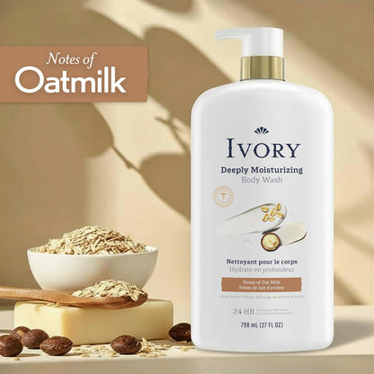 Ivory Deeply Moisturizing Body Wash, 24hr Nourishing Hydration, Soothes Itchy Dry Skin, Made with Shea Butter Blend, Free of Dyes Heavy Perfumes Parabens & Phthalates, Oatmilk Scent, 27 oz