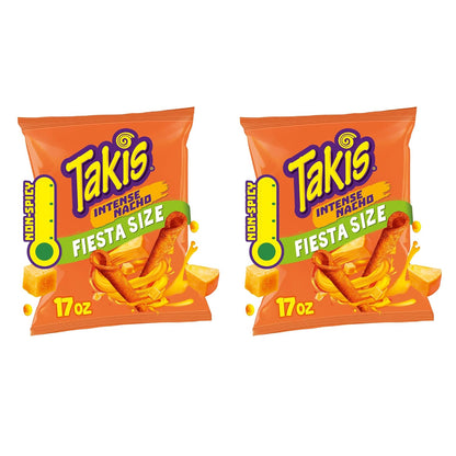 Takis Intense Nacho 17 oz Fiesta Size Bag, Cheese Flavored Non-Spicy Cheesy Rolled Tortilla Chips (Pack of 2)