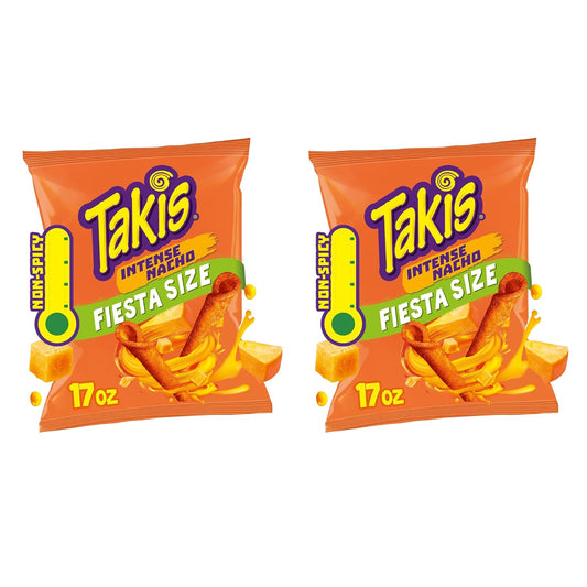 Takis Intense Nacho 17 oz Fiesta Size Bag, Cheese Flavored Non-Spicy Cheesy Rolled Tortilla Chips (Pack of 2)