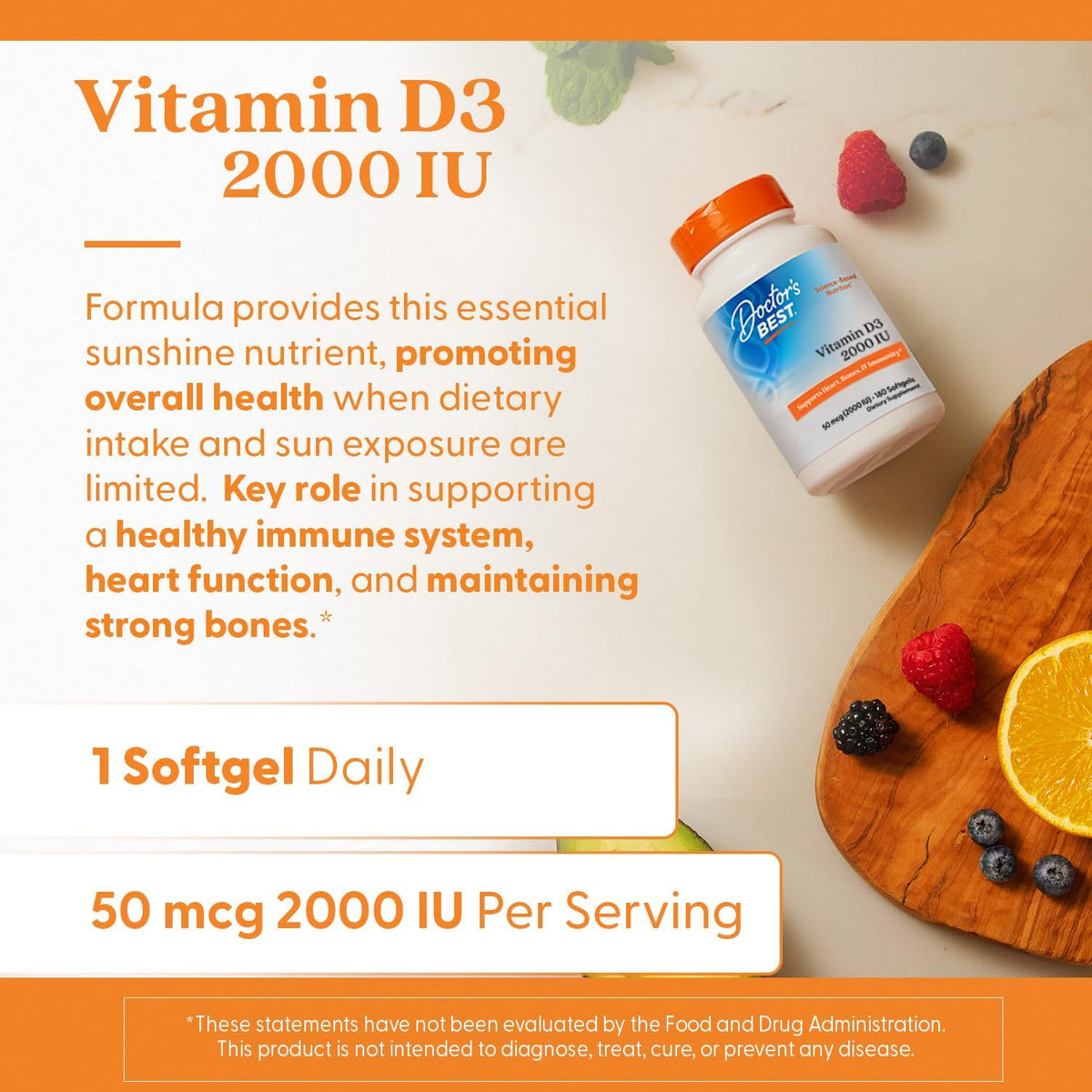 Doctor's Best Vitamin D3 2000 IU Softgels, for Men & Women, 180 Softgels