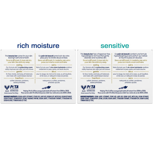 Dove Beauty Bar Sensitive & Original Variety 2-Pack – #1 Dermatologist Recommended Moisturizing Soap for Soft, Smooth Skin, 2.6 Oz Ea
