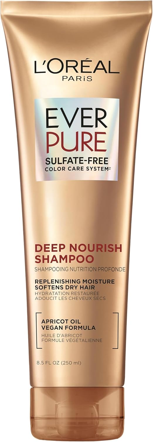 L'Oreal Paris Shampoo,Sulfate Free,Triple Action Hydration for Dry Hair,EverPure,8.5 Fl Oz (Packaging May Vary),Damaged,Color-Treated Hair,Apricot Oil Infused,Deep Nourish,(Pack of 36)