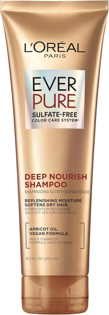 L'Oreal Paris Shampoo,Sulfate Free,Triple Action Hydration for Dry Hair,EverPure,8.5 Fl Oz (Packaging May Vary),Damaged,Color-Treated Hair,Apricot Oil Infused,Deep Nourish,(Pack of 36)