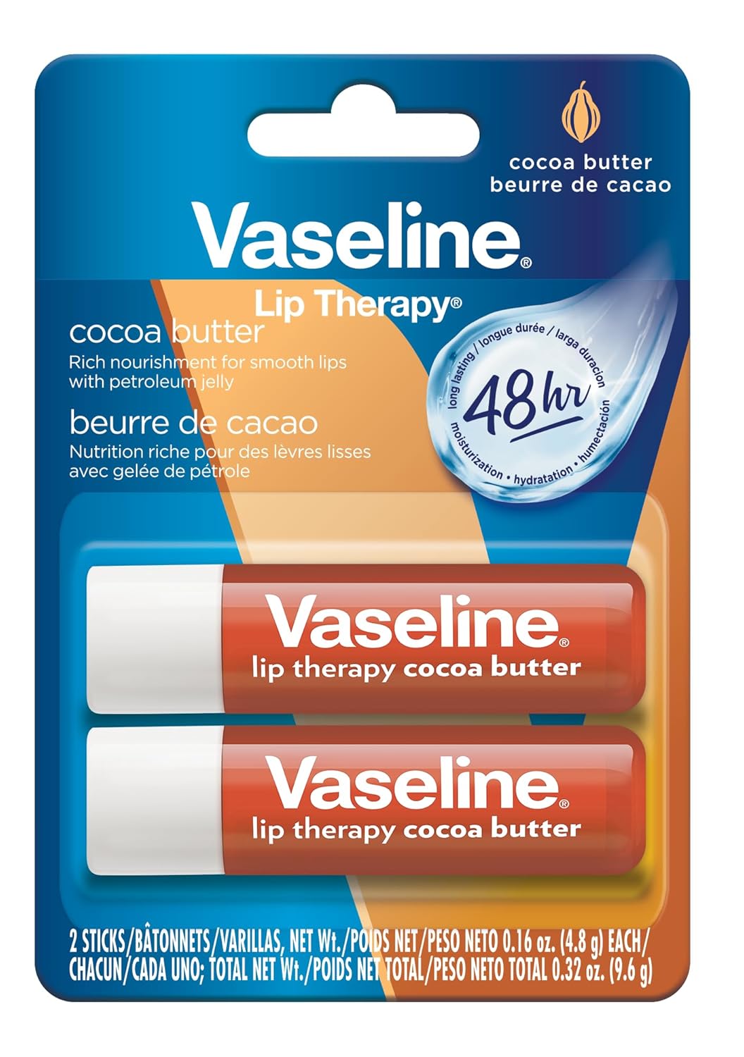 Vaseline Lip Therapy Cocoa Butter, Twin Stick, 48 Hour Moisturization, 2 Count