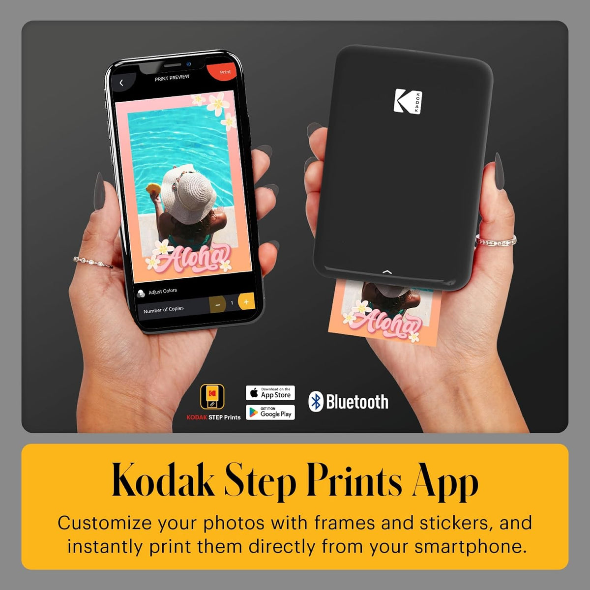 KODAK Step Instant Smartphone Photo Printer, Portable Mini Color Wireless Mobile Printer, Zink 2x3” (5.1x7.5 cm) Sticky-Back Photos, Bluetooth Compatible with iOS & Android Devices, Editing App, Black