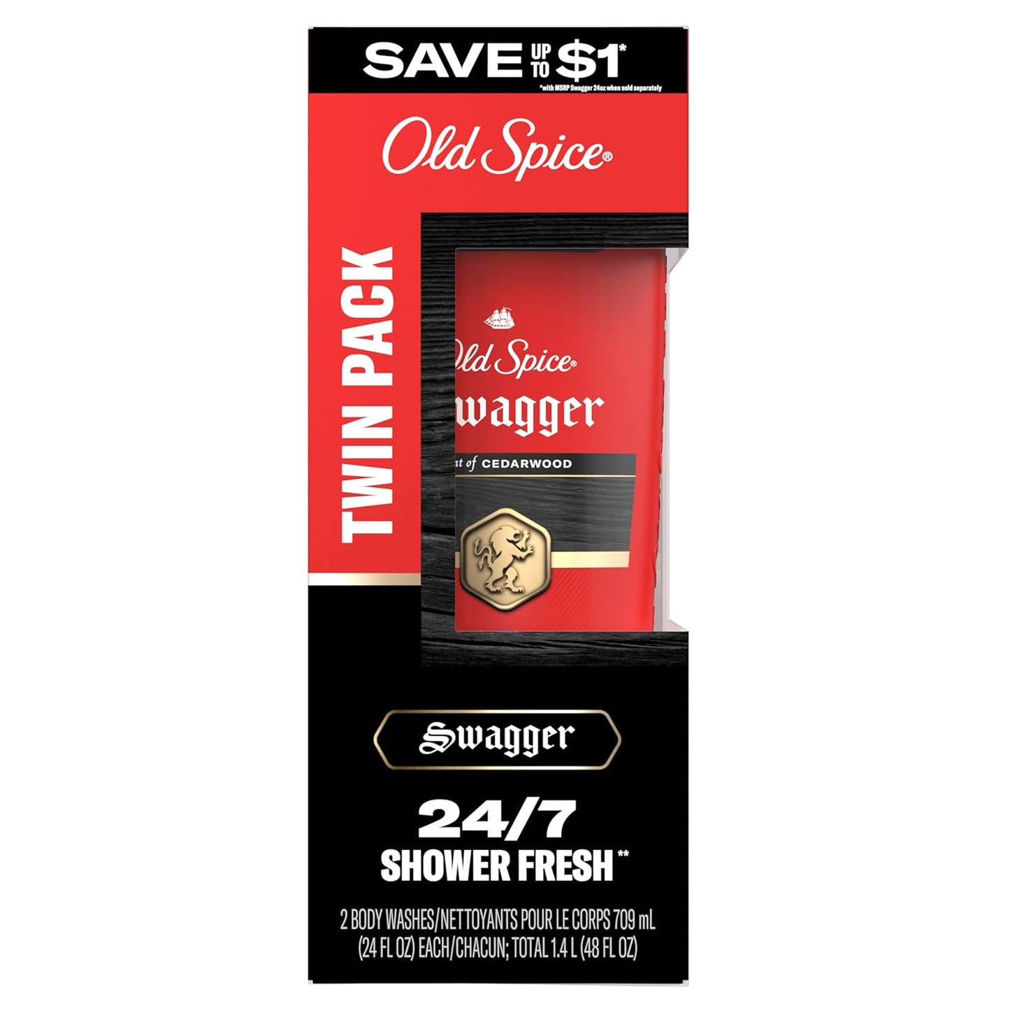 Old Spice Body Wash for Men, 24/7 Shower Fresh, Refreshing Clean with Moisturizing Formula, Long-Lasting Fragrance, Red Collection, Swagger with Lime + Cedarwood Scent, 24oz (Pack of 2)