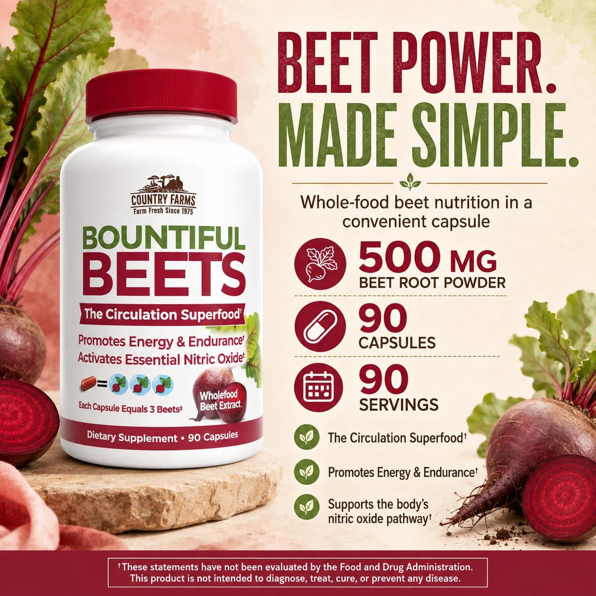 Country Farms Bountiful Beets Capsules, Wholefood Beet Extract Superfood, Natural Nitric Oxide Booster, Beet Root Powder, Circulation and Immune Support, 90 Count, 90 Servings