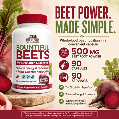 Country Farms Bountiful Beets Capsules, Wholefood Beet Extract Superfood, Natural Nitric Oxide Booster, Beet Root Powder, Circulation and Immune Support, 90 Count, 90 Servings