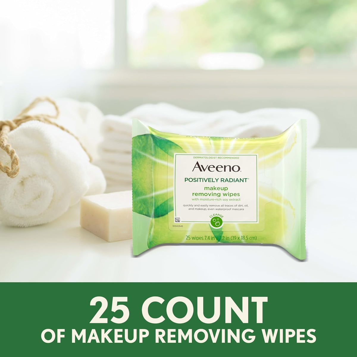 Aveeno Positively Radiant Makeup Remover Wipes, Gentle Individual Face Wipes with Moisture-rich Soy Extract to help leave your skin looking bright, Hypoallergenic Formula, Non-Comedogenic (Pack of 50)