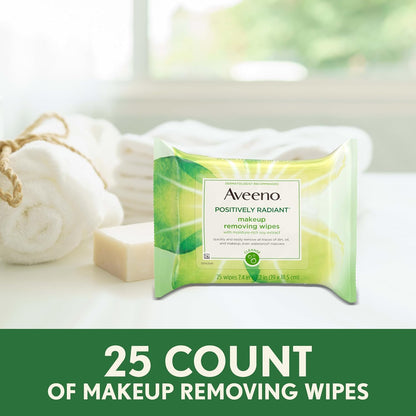 Aveeno Positively Radiant Makeup Remover Wipes, Gentle Individual Face Wipes with Moisture-rich Soy Extract to help leave your skin looking bright, Hypoallergenic Formula, Non-Comedogenic (Pack of 50)