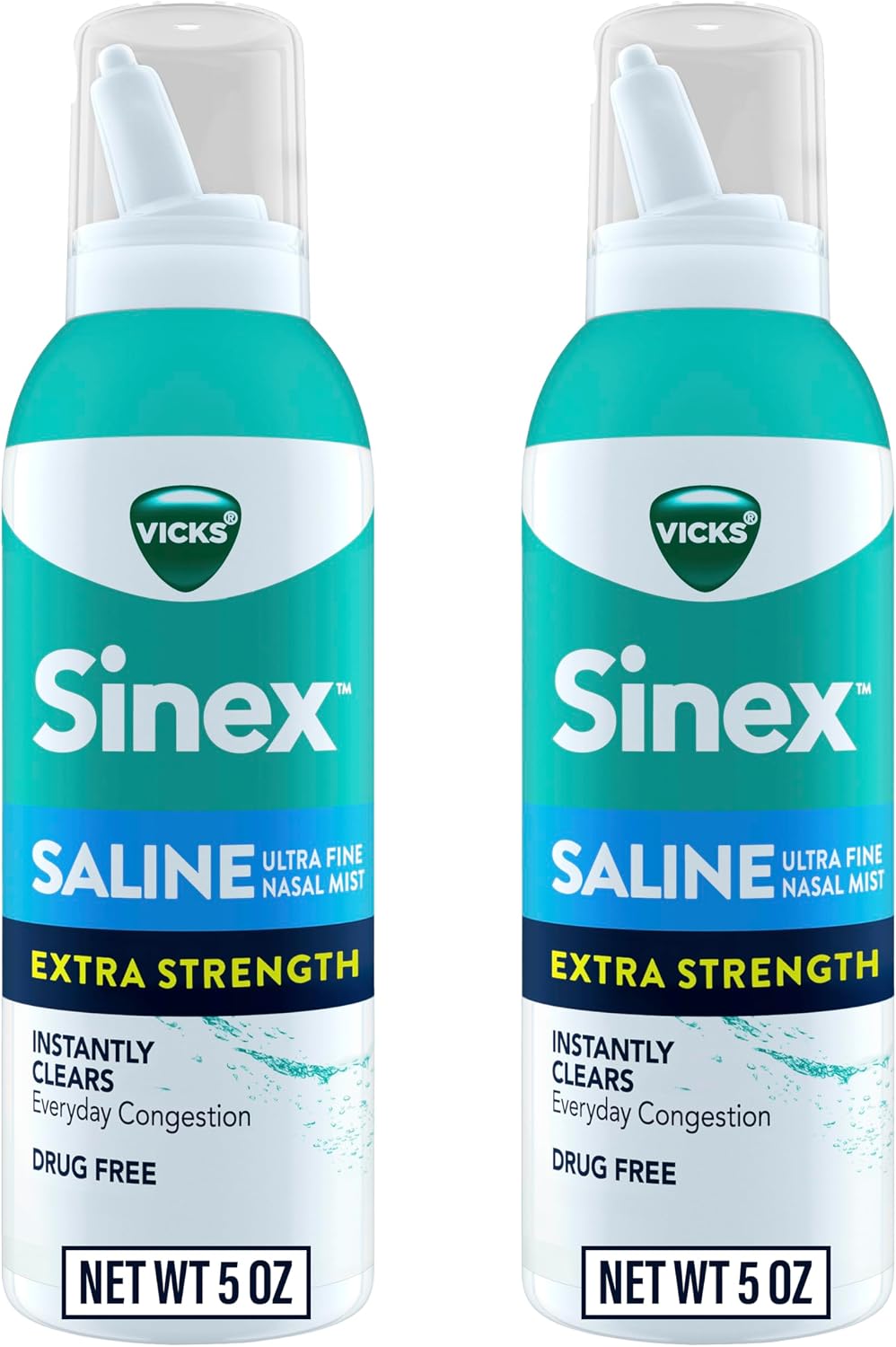 VICKS Sinex Saline Extra Strength Nasal Spray, 3X Concentrated* Drug Free Ultra Fine Mist, Instantly Clears Mucus, Ultra Concentrated to Clear Congestion Fast, Safe For Daily Use, 5 OZ x 2