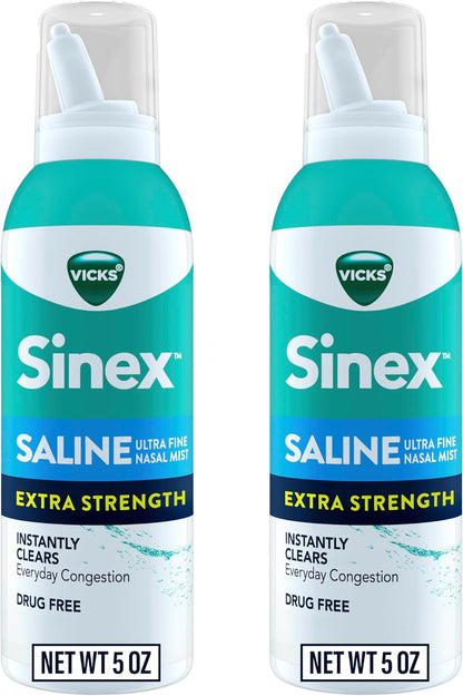 VICKS Sinex Saline Extra Strength Nasal Spray, 3X Concentrated* Drug Free Ultra Fine Mist, Instantly Clears Mucus, Ultra Concentrated to Clear Congestion Fast, Safe For Daily Use, 5 OZ x 2