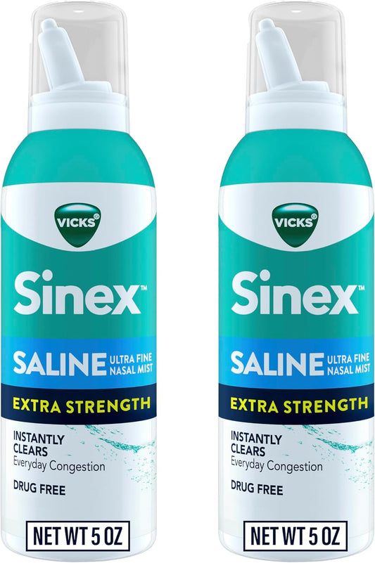 VICKS Sinex Saline Extra Strength Nasal Spray, 3X Concentrated* Drug Free Ultra Fine Mist, Instantly Clears Mucus, Ultra Concentrated to Clear Congestion Fast, Safe For Daily Use, 5 OZ x 2