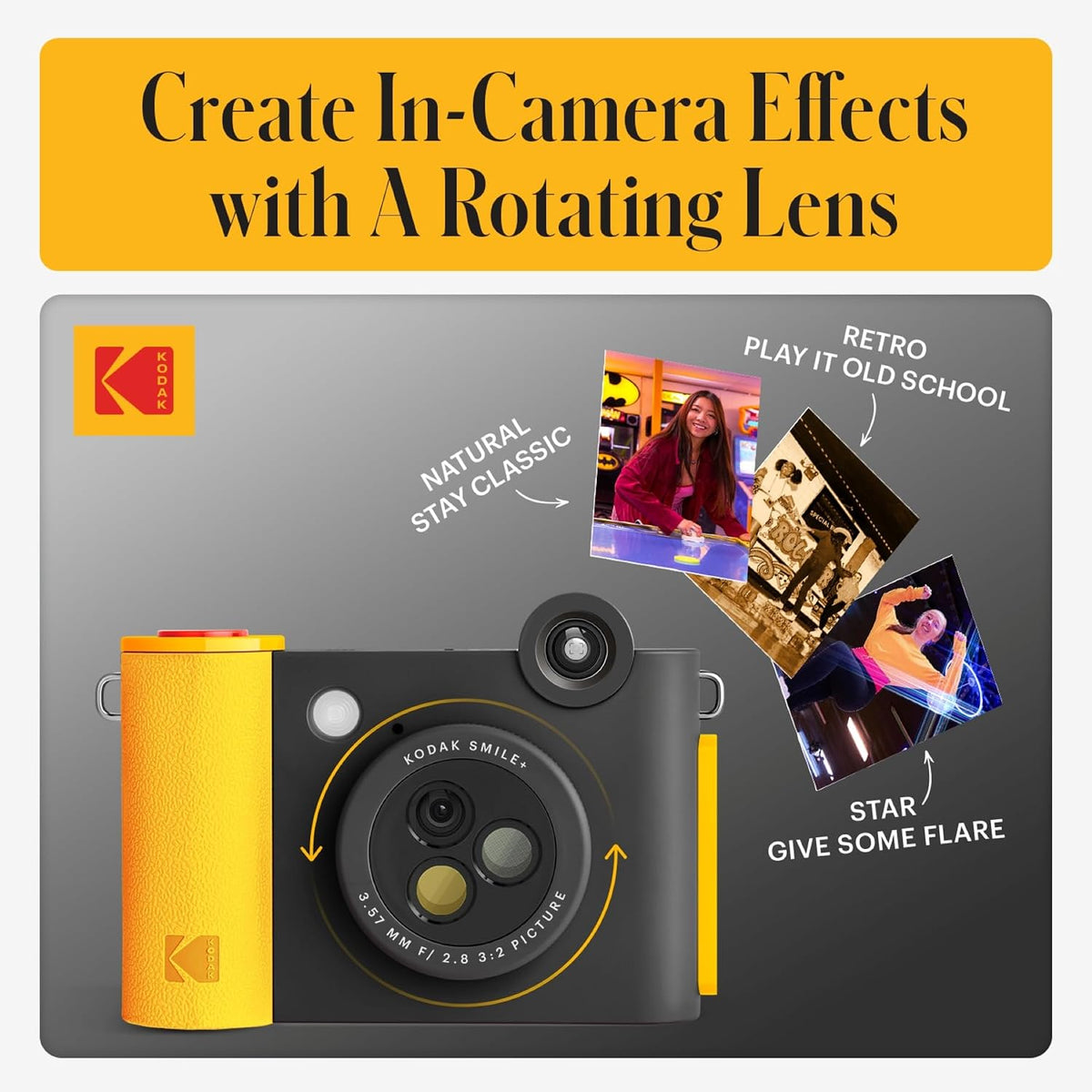 KODAK Smile+ Wireless Digital Instant Print Camera with Effect-Changing Lens, 2x3” Sticky-Backed Photo Prints, and Zink Printing Technology, Compatible with iOS and Android Devices - Black