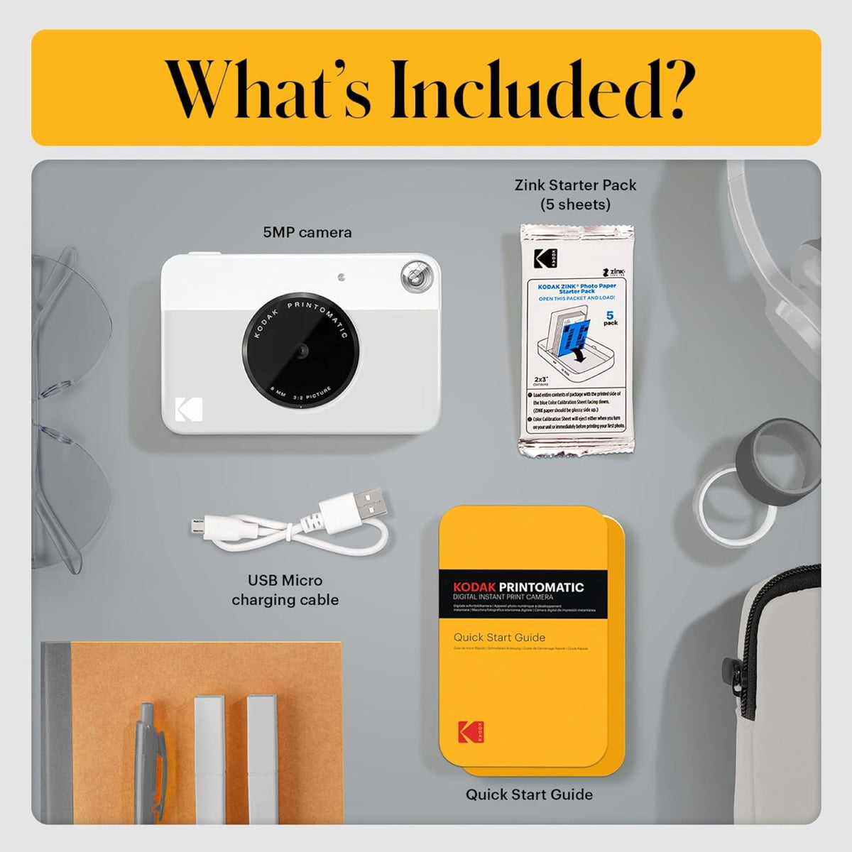 KODAK Printomatic Full-Color Instant Print Camera Starter Bundle + Carrying Case + Zink 20pk Photo Paper - Colorful Photos On 2x3 Sticky-Back Paper - Fun Gift for Birthday Christmas Holiday - Grey
