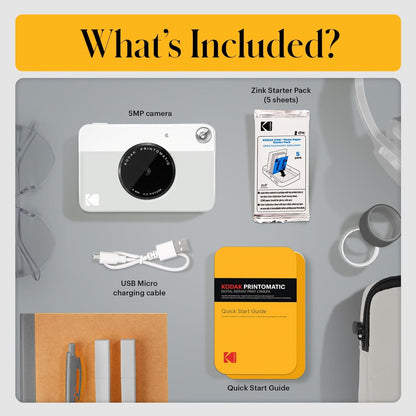 Kodak Printomatic Full-Color Instant Print Digital Camera - 75 Sheets Bundle - Prints On Zink 2x3 Sticky-Back Photo Paper - 5MP, Portable, Creative Fun Gift for Birthday, Christmas, Holiday - Grey