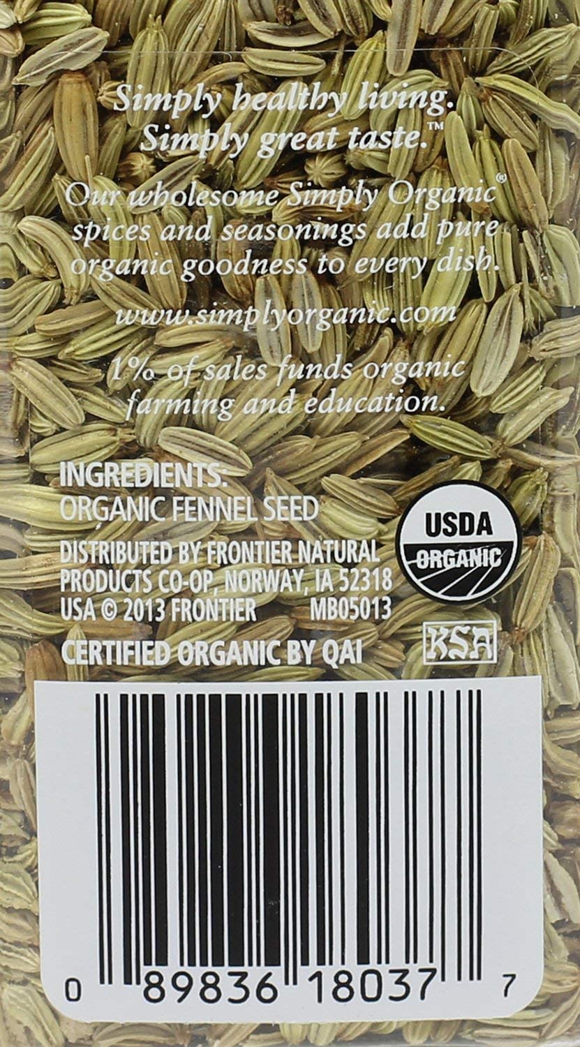 Simply Organic Whole Fennel Seed, 1,90 oz, Mild Sweet Flavor, Aromatic, Reminiscent of Licorice, Kosher (Pack of 2)