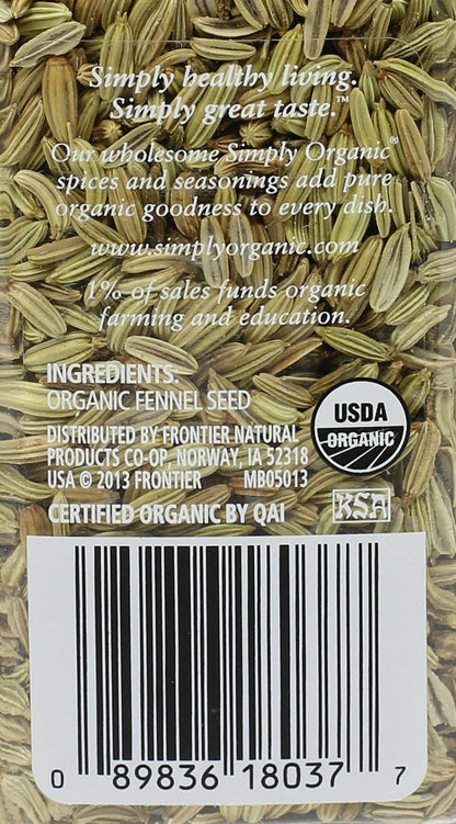 Simply Organic Whole Fennel Seed, 1,90 oz, Mild Sweet Flavor, Aromatic, Reminiscent of Licorice, Kosher (Pack of 2)