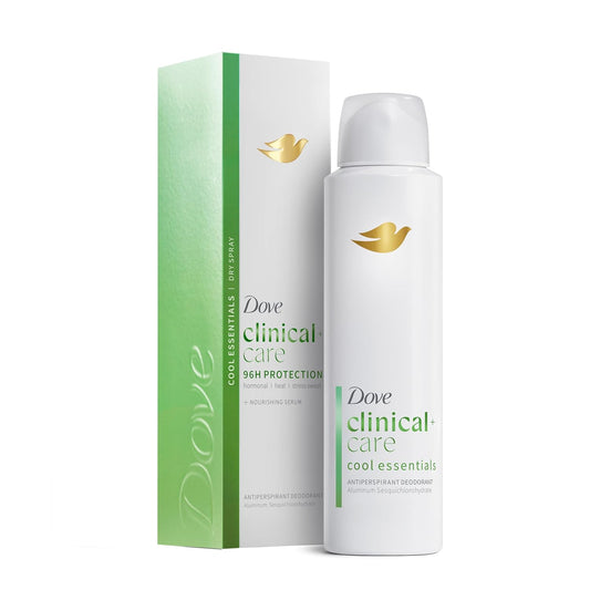 Dove Clinical + Care Antiperspirant Deodorant Dry Spray for Women, 96H Clinical Strength Sweat & Odor Protection, With Nourishing Serum, Cool Essentials with Cucumber Scent, 3.8 oz