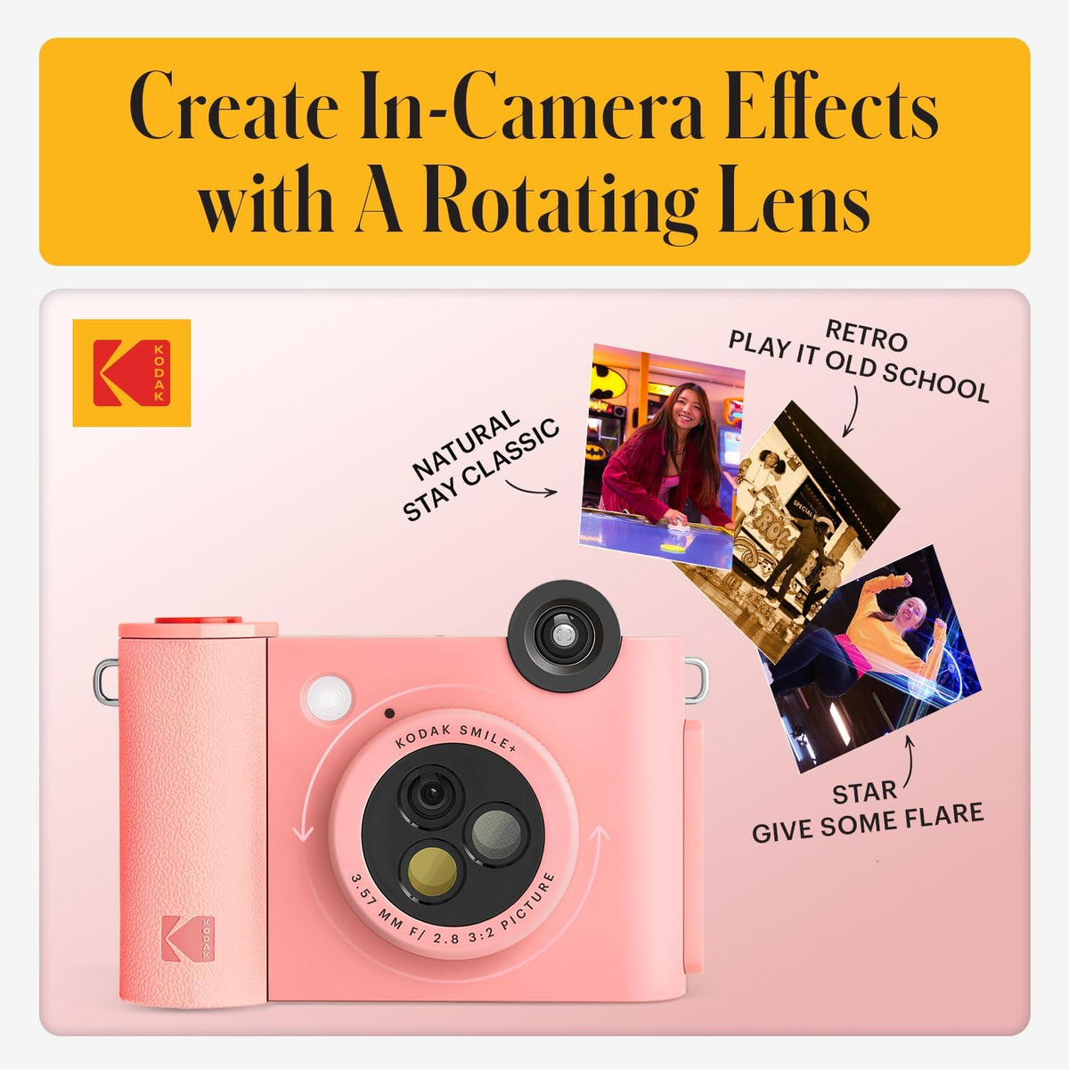 Kodak Smile+ 2-in-1 Digital Instant Print Camera & Wireless Bluetooth Printer - 10MP, Special-Effect Rotating Lens, Zink 2x3 Sticky-Back Photos Print via Fun App from Smart Devices - Pink