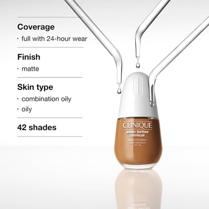 Clinique Even Better Clinical Serum Full Coverage Hydrating Foundation Broad Spectrum SPF 25 With Vitamin C, Salicylic Acid + Hyaluronic Acid For Oily Skin Types