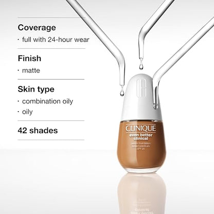 Clinique Even Better Clinical Serum Full Coverage Hydrating Foundation Broad Spectrum SPF 25 With Vitamin C, Salicylic Acid + Hyaluronic Acid For Oily Skin Types
