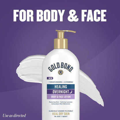 Gold Bond Healing Overnight Body & Face Hydrating Lotion for Dry Skin | Dry skin lotion, nongreasy moisturizer with Hyaluronic Acid, Aloe & Melatonin works while you sleep, 13 oz