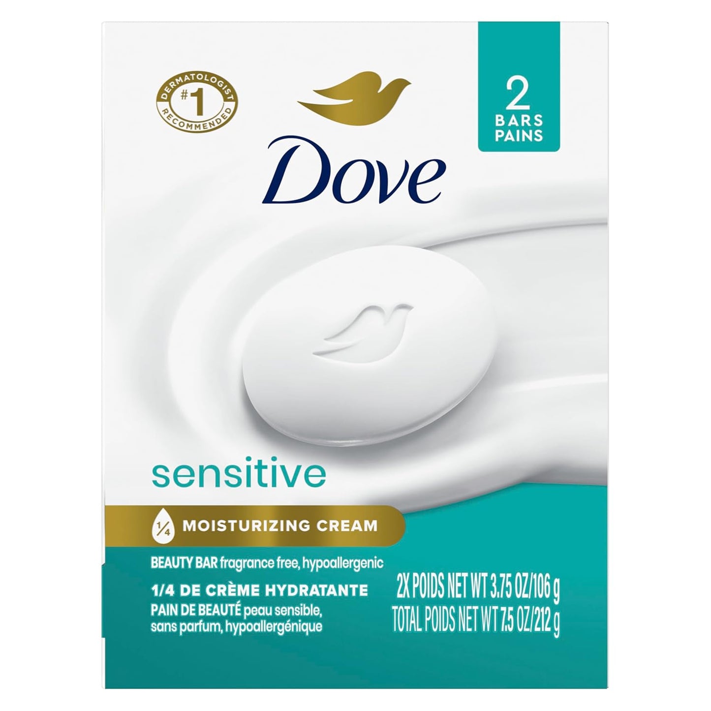 Dove Beauty Bar Soap Sensitive 2 Count for Sensitive Skin, Fragrance Free and Hypoallergenic 7.5 Ounce