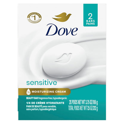 Dove Beauty Bar Soap Sensitive 2 Count for Sensitive Skin, Fragrance Free and Hypoallergenic 7.5 Ounce